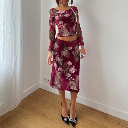 Vintage Burgundy Floral Cheetah Lace Top Ruffle Trim Long Sleeve Y2K French (S)