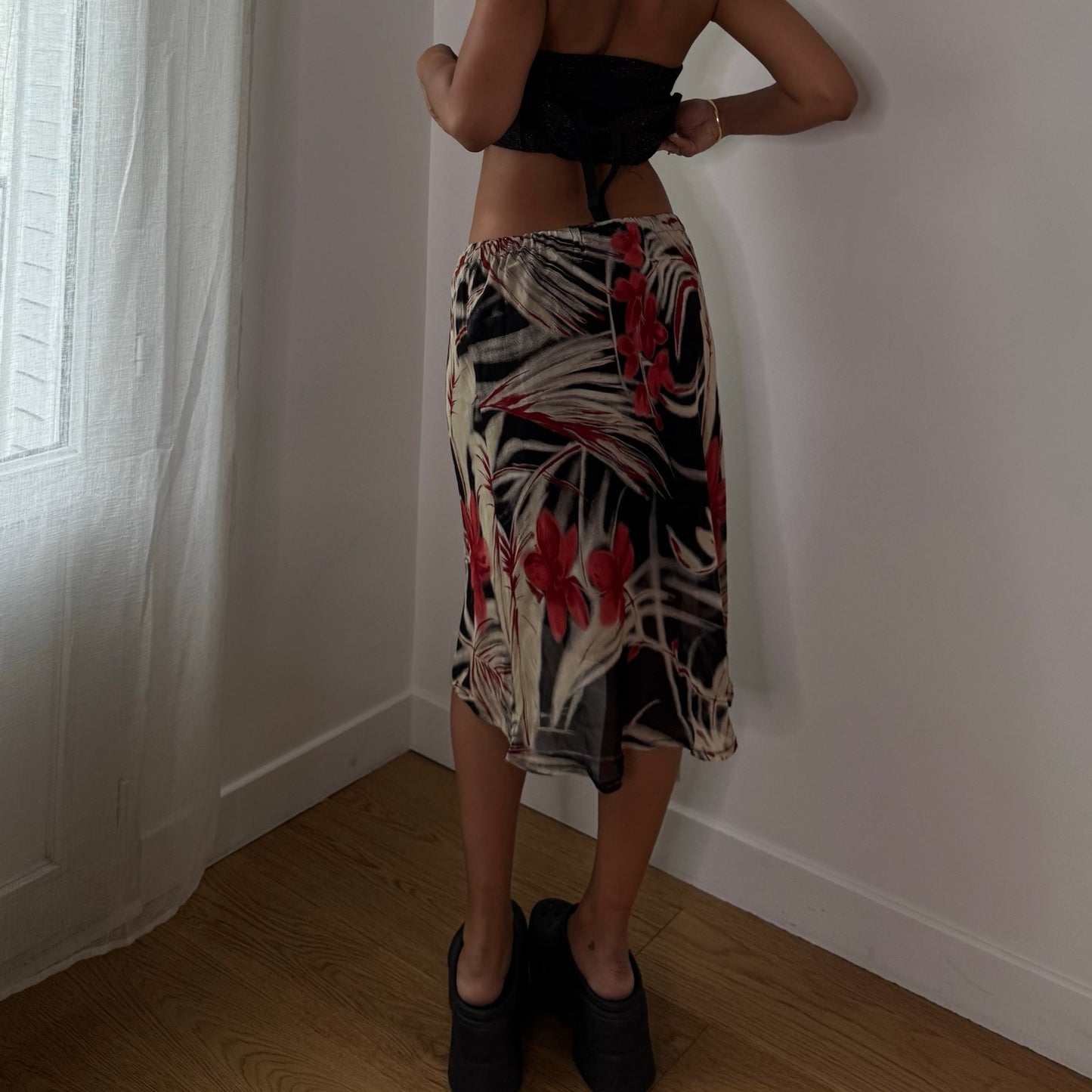 Vintage Black Red Floral Mesh Midi Skirt Double Lined Euro Y2K (S)