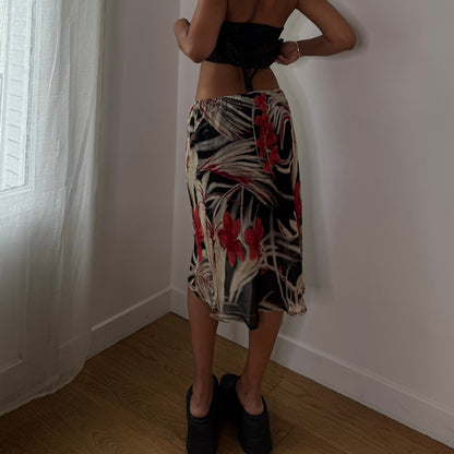 Vintage Black Red Floral Mesh Midi Skirt Double Lined Euro Y2K (S)