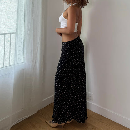 Vintage Black Ditsy Floral Mesh Maxi Skirt Double Layer Viscose Y2K (S)