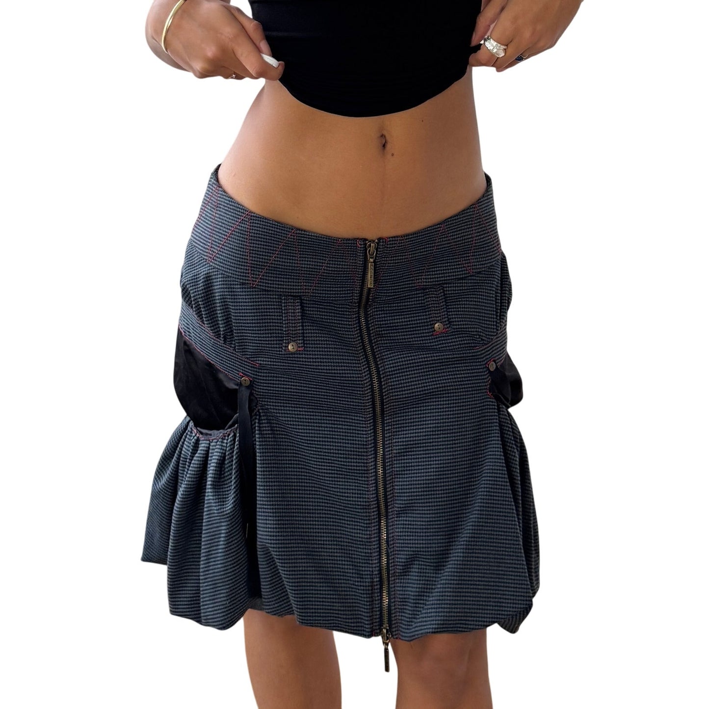 Vintage Euro structured zip-front bubble-hem skirt with contrast stitching (S/M)