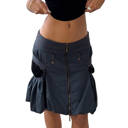 Vintage Euro structured zip-front bubble-hem skirt with contrast stitching (S/M)