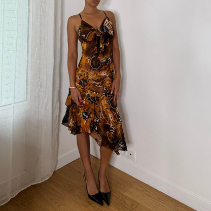 Italian vintage Y2K amber brown & orange abstract paisley print mesh dress with asymmetric ruffle hem