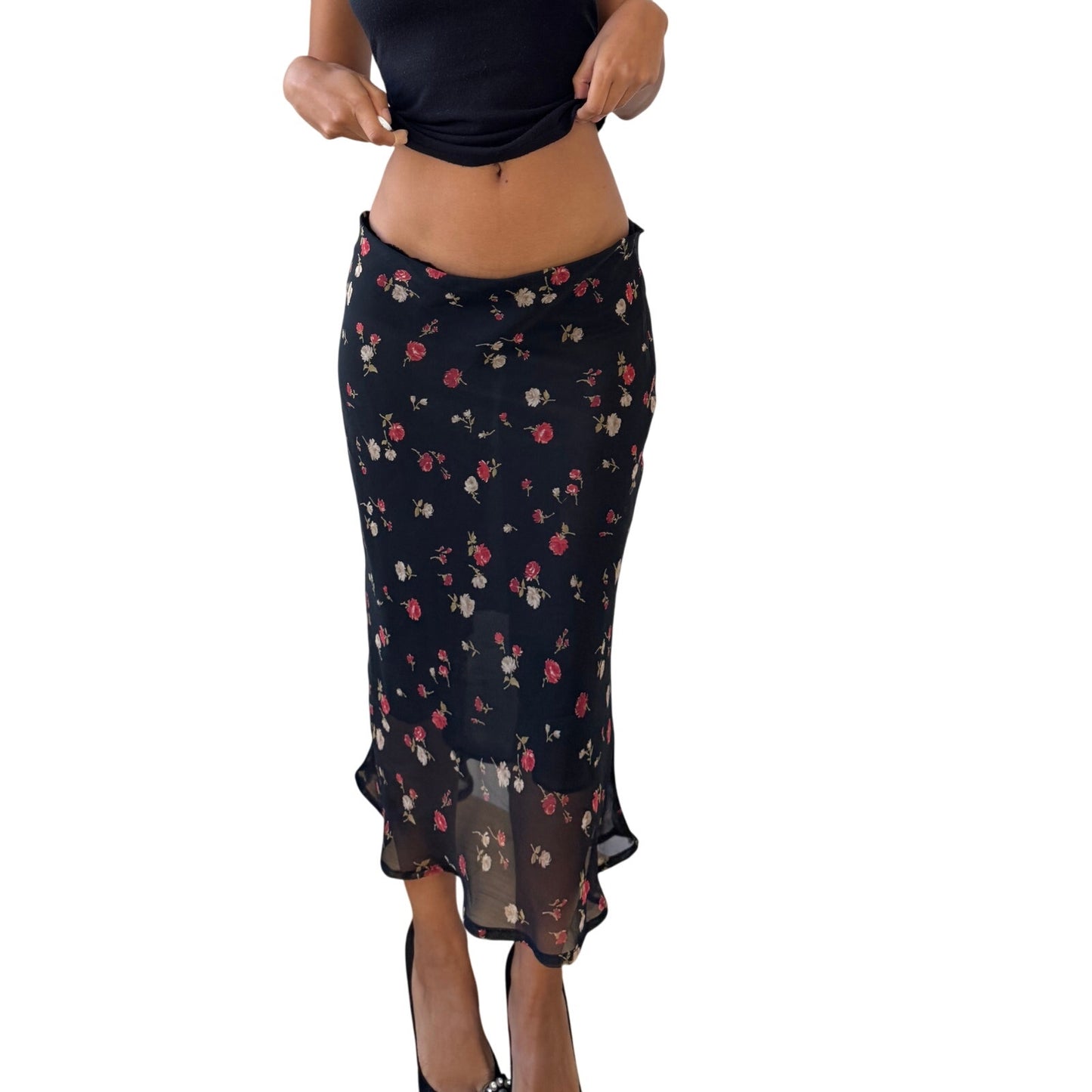Vintage Italian black floral mesh midi skirt (S/M)