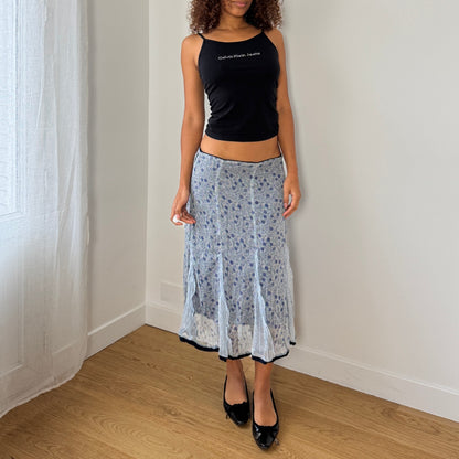 Vintage Italian blue floral chiffon midi skirt with silk ruffle inserts (S/M)