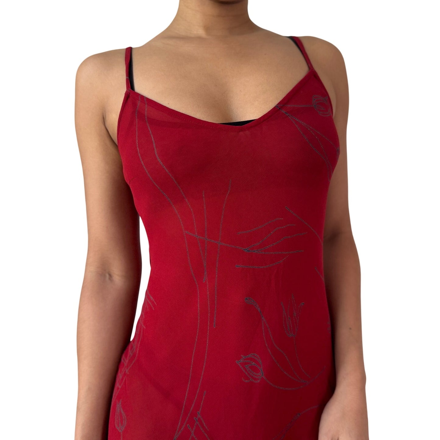 Vintage Italian Red Mesh Midi Dress Abstract Print Asymmetrical Hem (S)