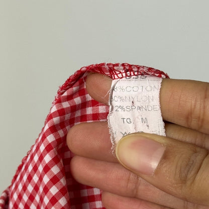 Vintage euro 90s red gingham tiered mini skirt with lace trim ribbon tie waist and layered hem (XS/S)