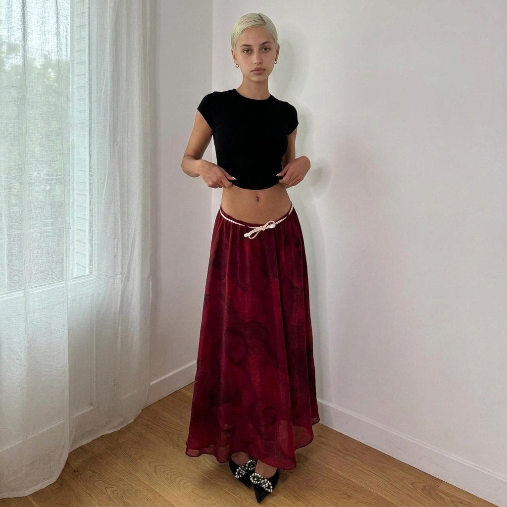 Vintage Burgundy Floral Mesh Maxi Skirt Sheer Layer Italian Y2K (S)