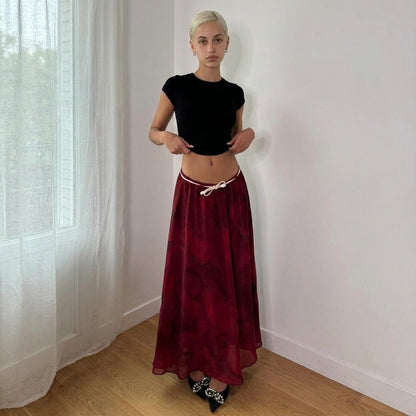 Vintage Burgundy Floral Mesh Maxi Skirt Sheer Layer Italian Y2K (S)