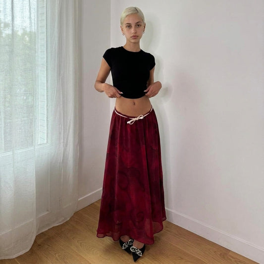 Vintage Burgundy Floral Mesh Maxi Skirt Sheer Layer Italian Y2K (S)