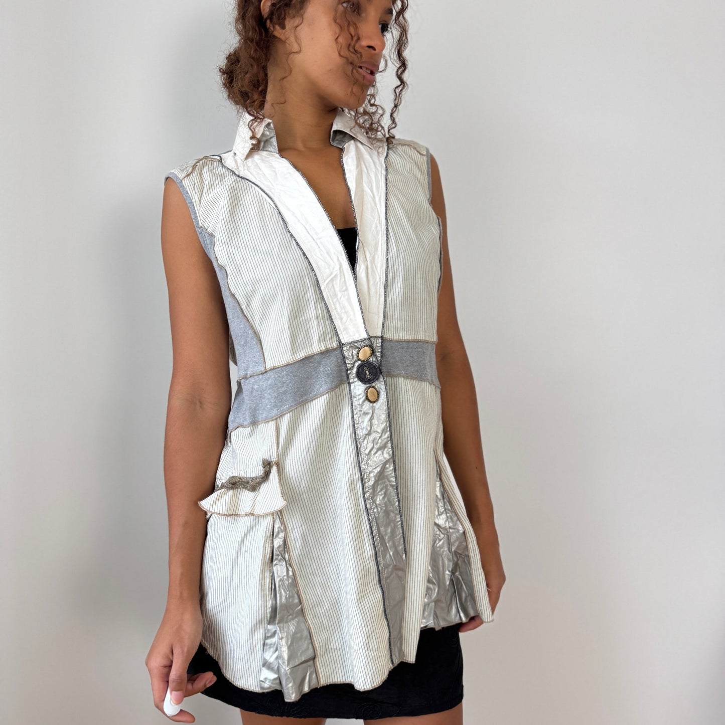 Vintage Italian mixed-fabric sleeveless patchwork tunic vest (Medium)