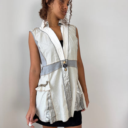 Vintage Italian mixed-fabric sleeveless patchwork tunic vest (Medium)