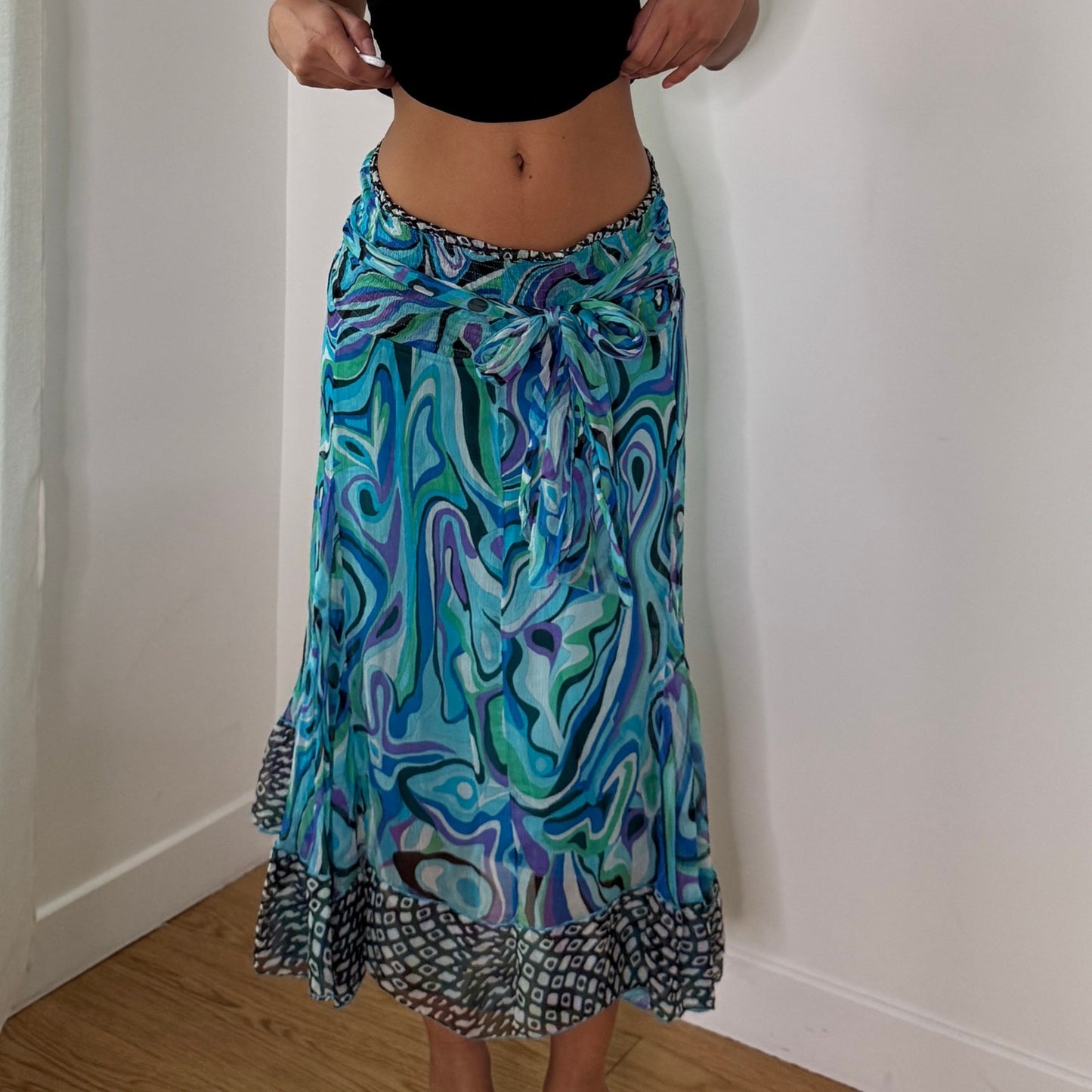 Vintage Blue Psychedelic Silk Mesh Midi Skirt Italian Y2K Tie Waist Skirt (S)