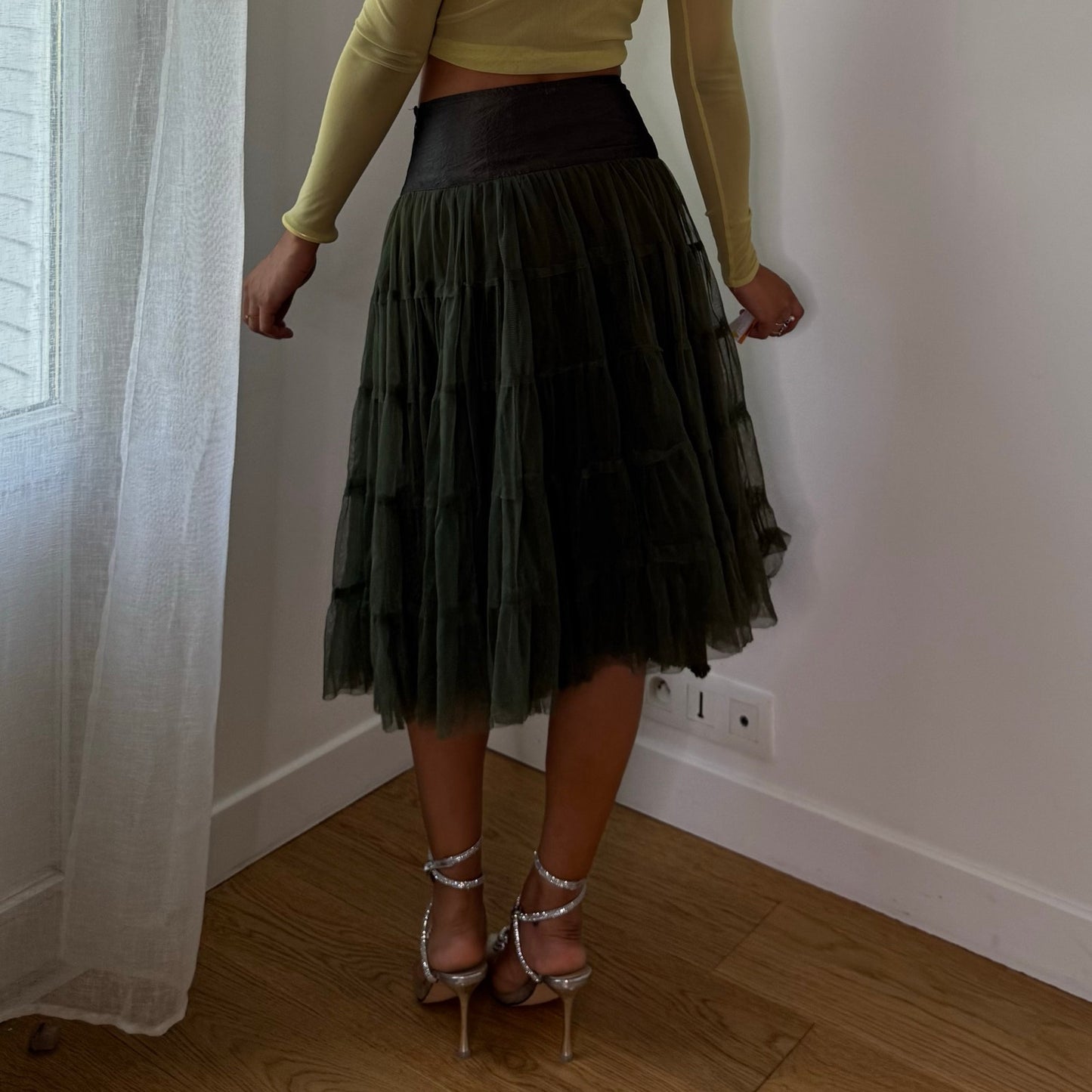 Vintage Italian Olive Green Floral Embroidered Tulle Midi Skirt Y2K (XS/S)