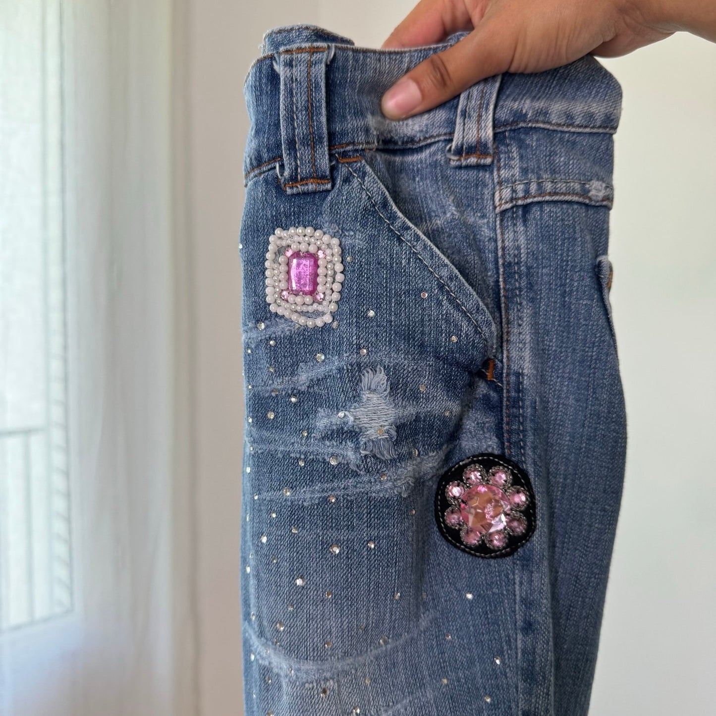 Vintage Italian Embellished Low Rise Flare Jeans Rhinestone Y2K Denim (XS/S)
