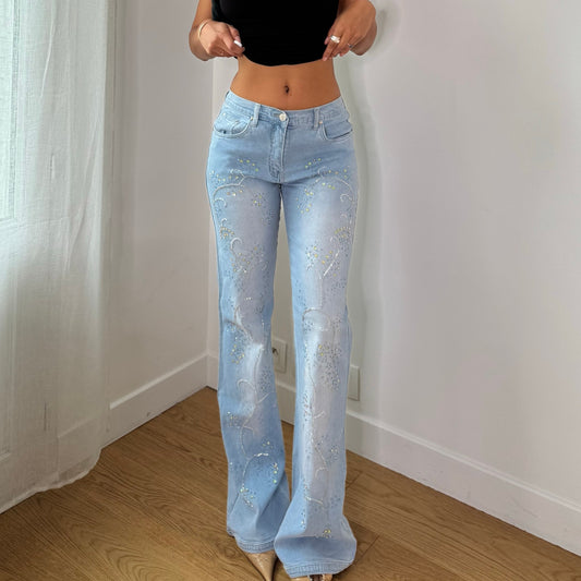 Vintage Light Wash Embellished Bootcut Jeans Euro Y2K (S)