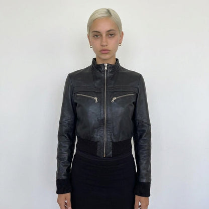 Vintage Italian black real leather zip front jacket with ribbed cuffs and waist (S)