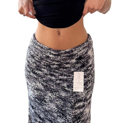 Vintage Grey Marled Knit Midi Skirt Fringe Hem Wool Cotton Deadstock (S)