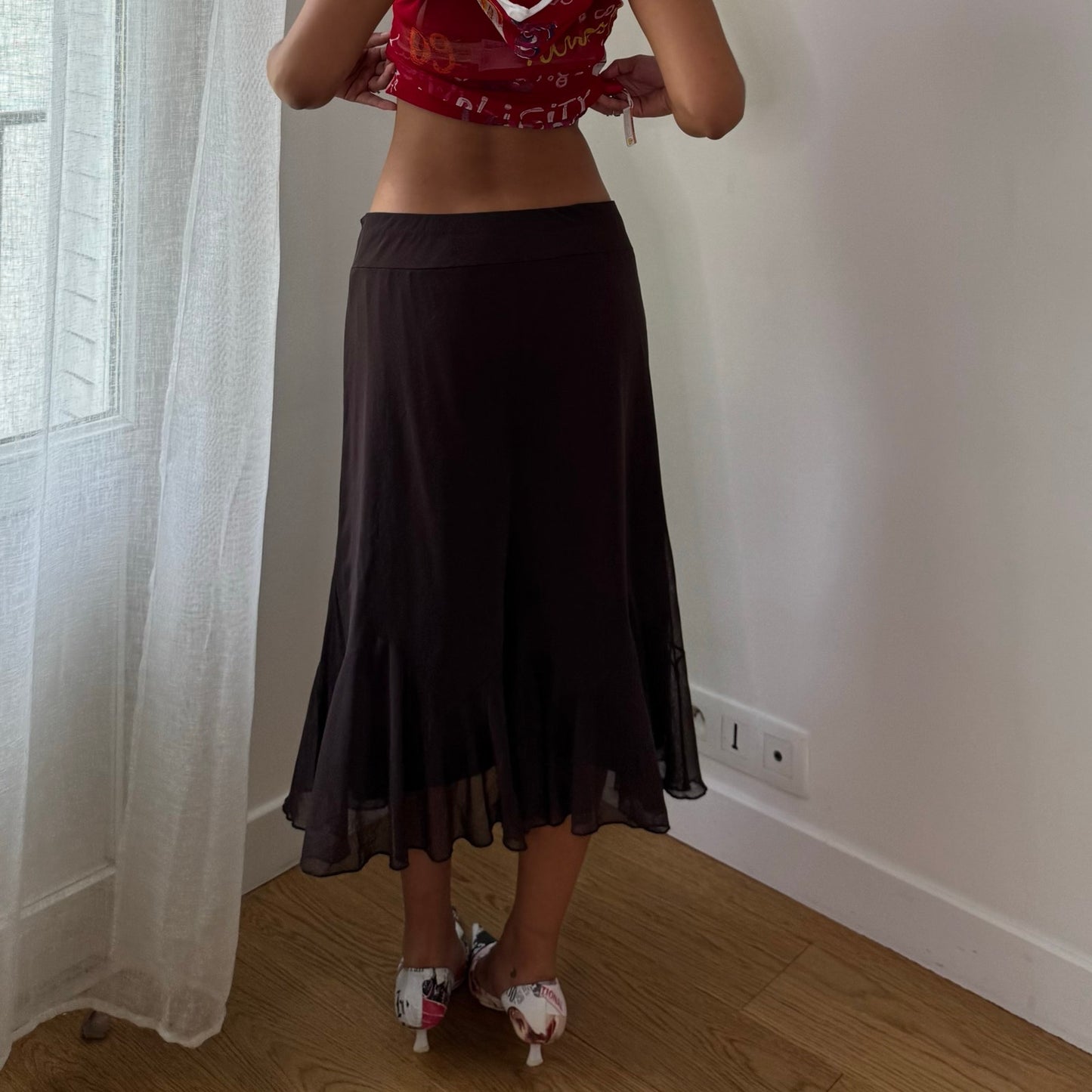 Vintage Brown Mesh Ruffle Midi Skirt Euro Y2K (S)