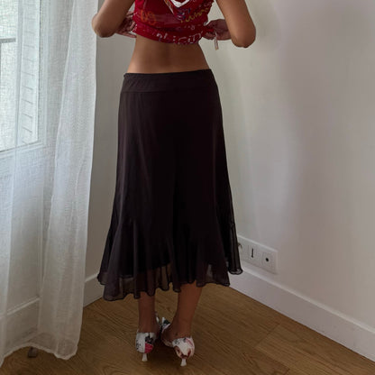 Vintage Brown Mesh Ruffle Midi Skirt Euro Y2K (S)