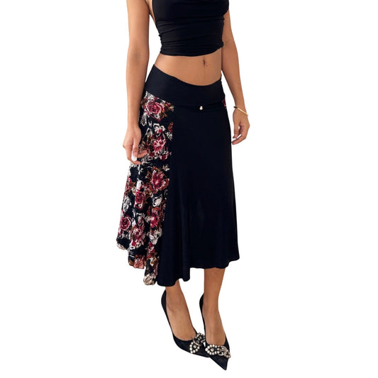 Vintage Black Lace Panel Midi Skirt Low Rise Stretch Italy Y2K (S)