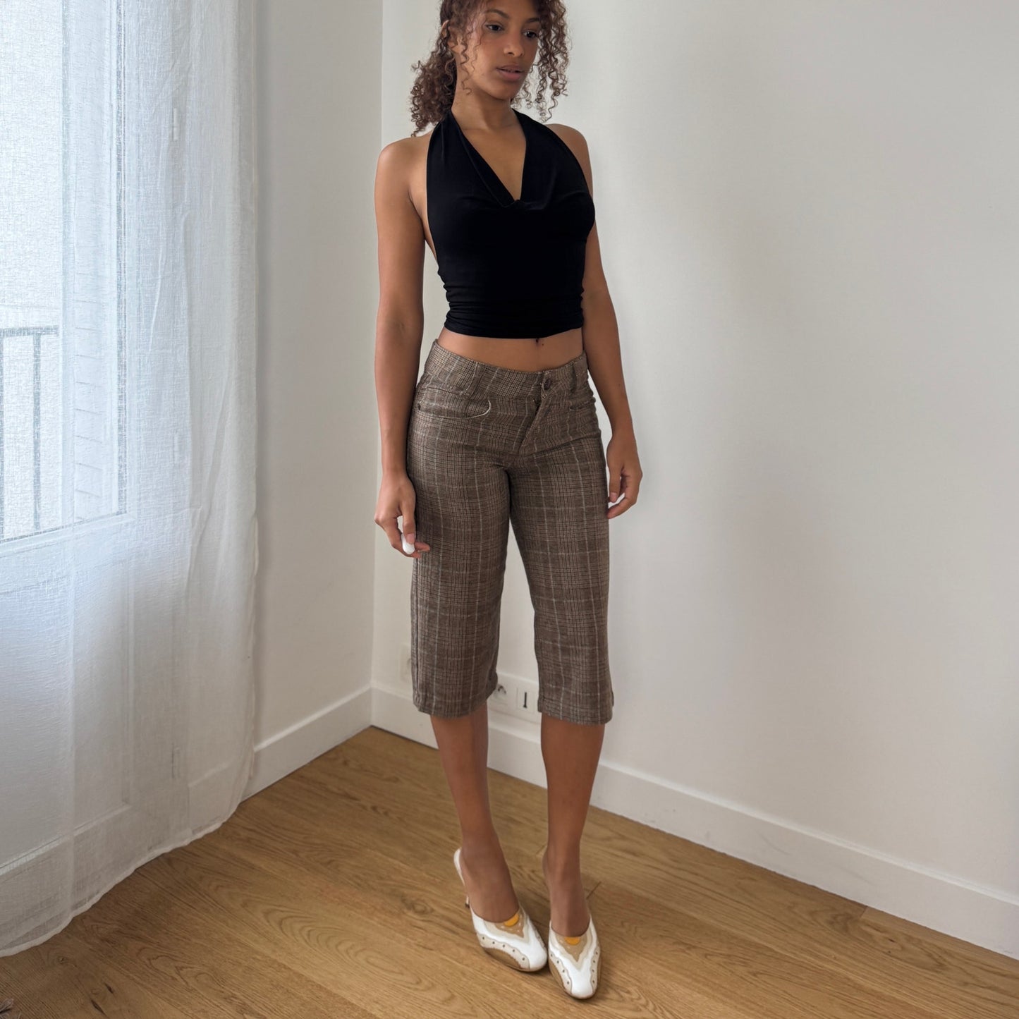 Vintage Euro brown plaid wool capri pants (XS/S)