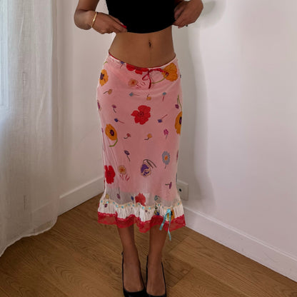 Twin-Set Italian Vintage Pink Red Floral 100% Silk Mesh Midi Skirt with Lace Ruffle Hem
