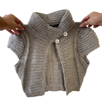 Vintage Italian grey mohair wool blend cropped knit cape cardigan with high collar and double button closure (S)