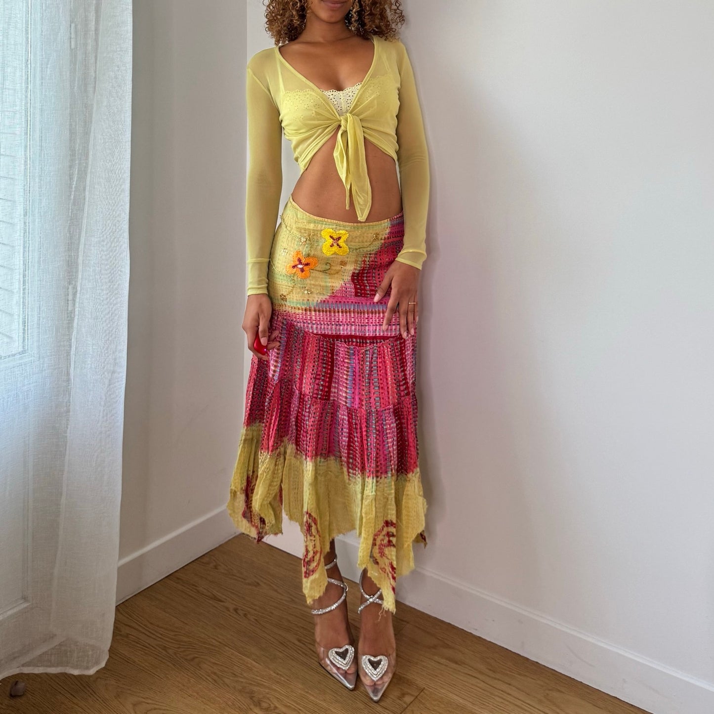 Vintage Yellow Pink Patchwork Handkerchief Maxi Skirt Italian Deadstock (S)
