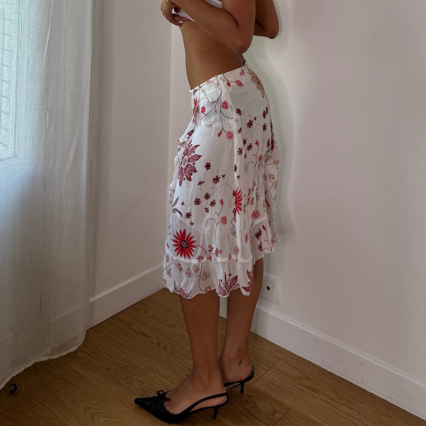 Vintage White Red Pink Floral Glitter Mesh Asymmetrical Midi Skirt Y2K (S)
