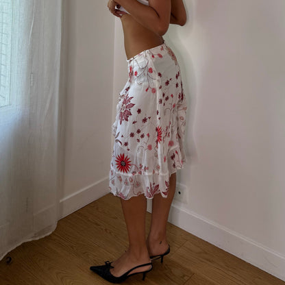Vintage White Red Pink Floral Glitter Mesh Asymmetrical Midi Skirt Y2K (S)