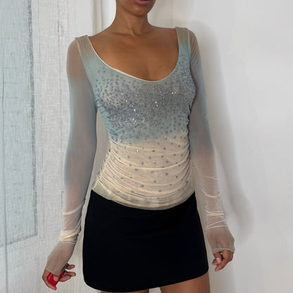 Italian vintage Y2K pale blue and ivory sequin embellished layered sheer mesh long sleeve top with ruched sleeves