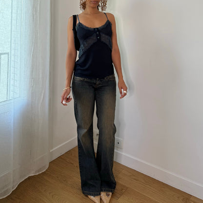 Vintage Navy Blue Lace Button Knit Cami Top Italian Y2K (S/M)