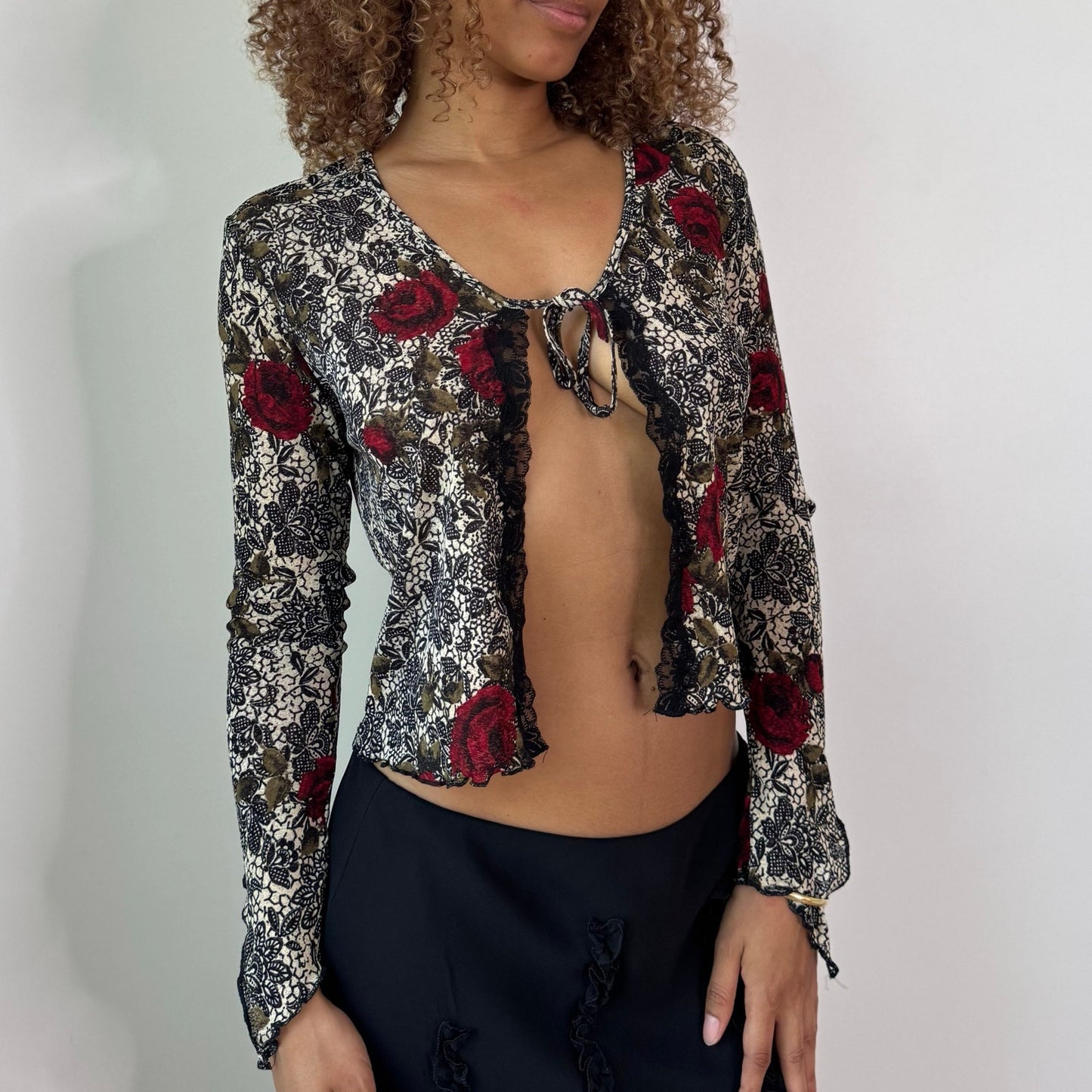 Vintage Black Red Rose Mesh Cami & Cardigan Set Floral Lace Y2K (S)