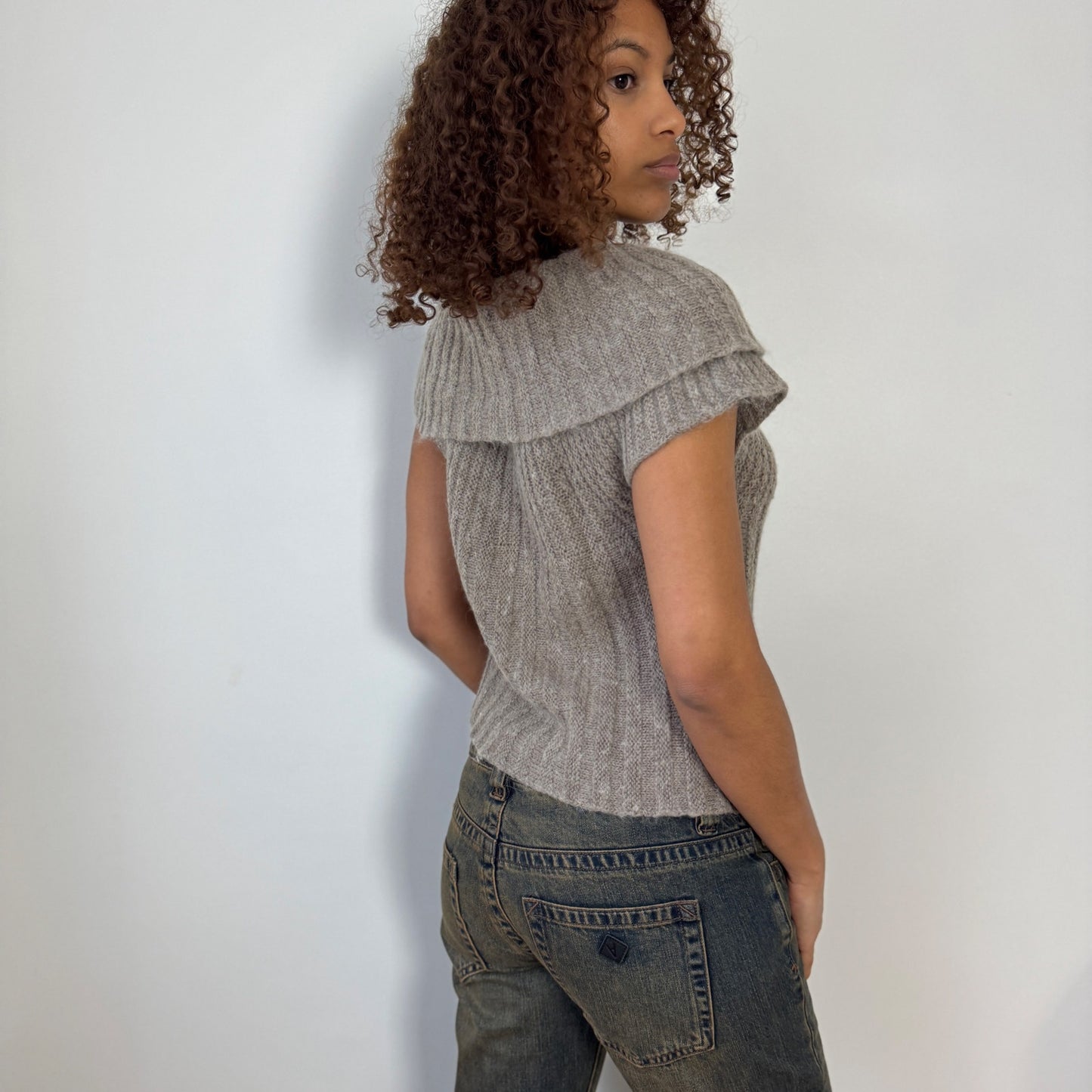 Vintage Italian tan ribbed mohair wool knit top with oversized fold over collar and rosette detail (S/M)