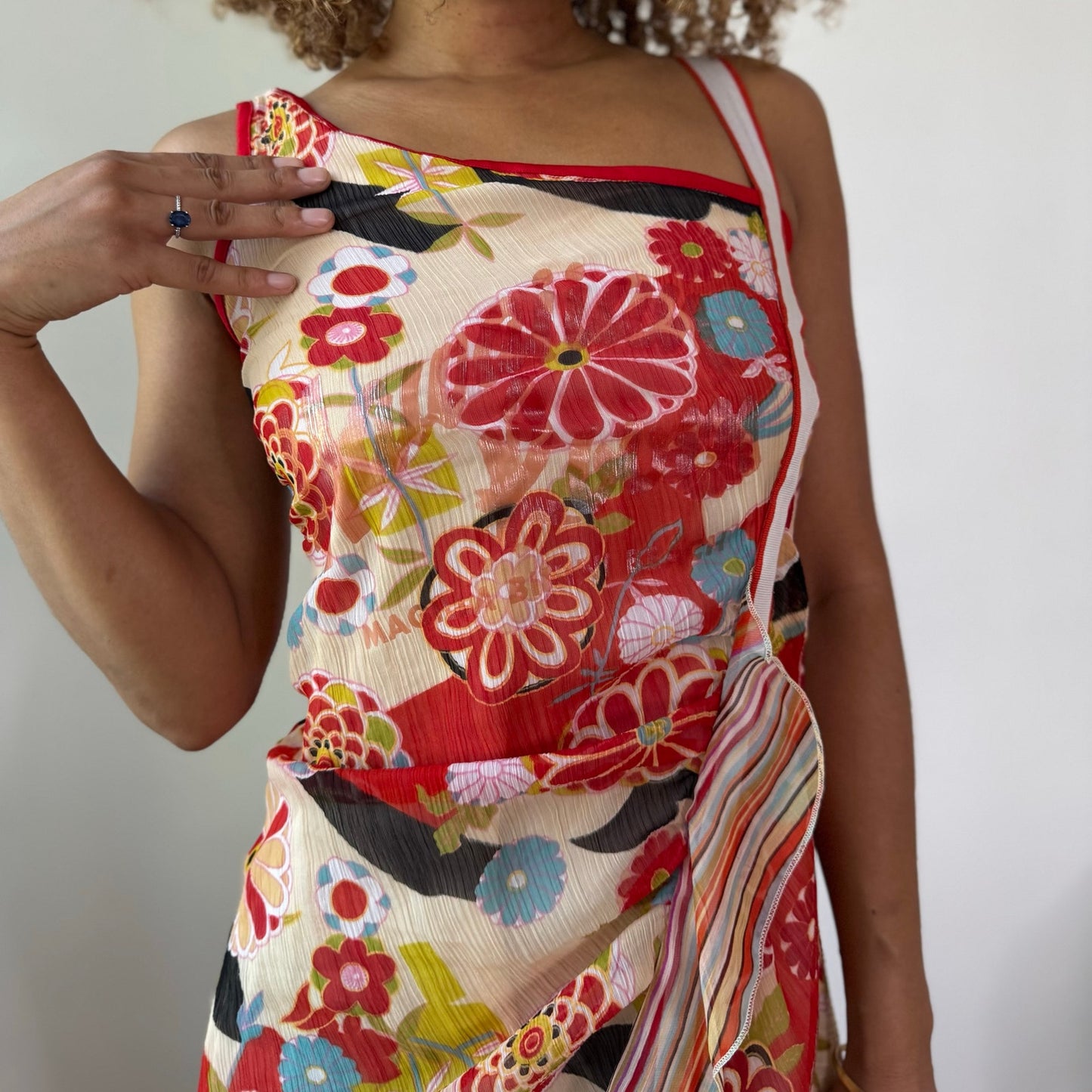 Vintage Red Floral Mesh Midi Dress Asymmetrical Draped Euro Y2K (XS/S)