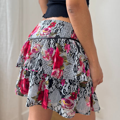 Vintage Floral Mesh Ruffle Mini Skirt Tiered Lace Print Morgan De Toi Y2K (S) ⠀