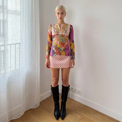 Vintage Pink & Yellow Silk Floral Beaded Mesh Top Boho Y2K (S/M)