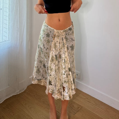 Vintage Cream Sage Green Floral Pleated Mesh Midi Skirt Euro Y2K (S)