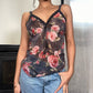 Vintage 90s rom com black & red cami top with floral print (M) Festival Cottage