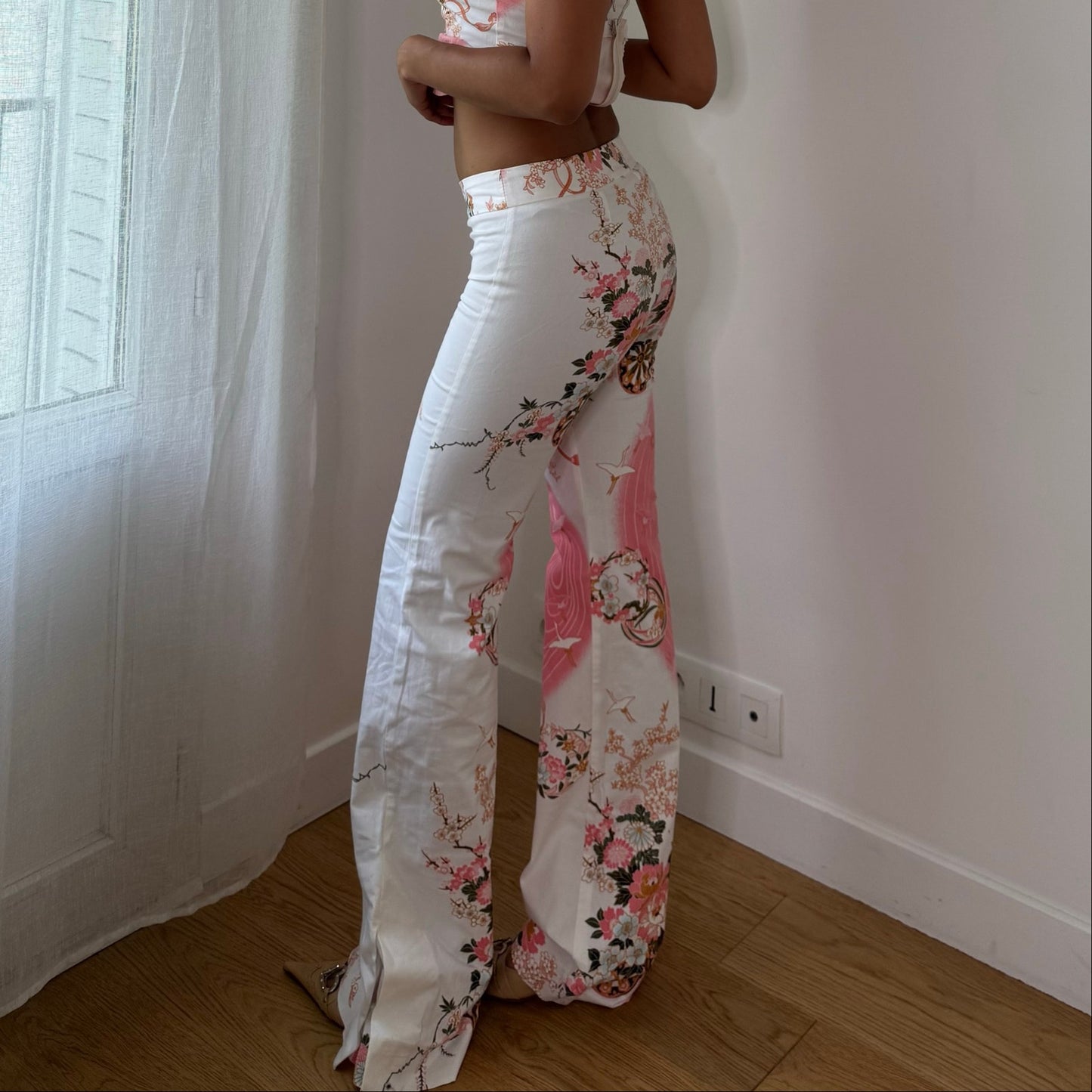 Vintage White Pink Floral Bustier & Pants Set Cotton Spanish Y2K (XS/S)