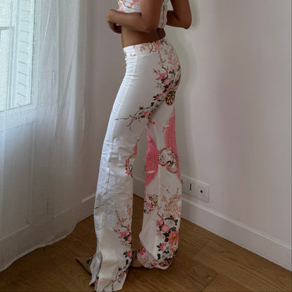 Vintage White Pink Floral Bustier & Pants Set Cotton Spanish Y2K (XS/S)