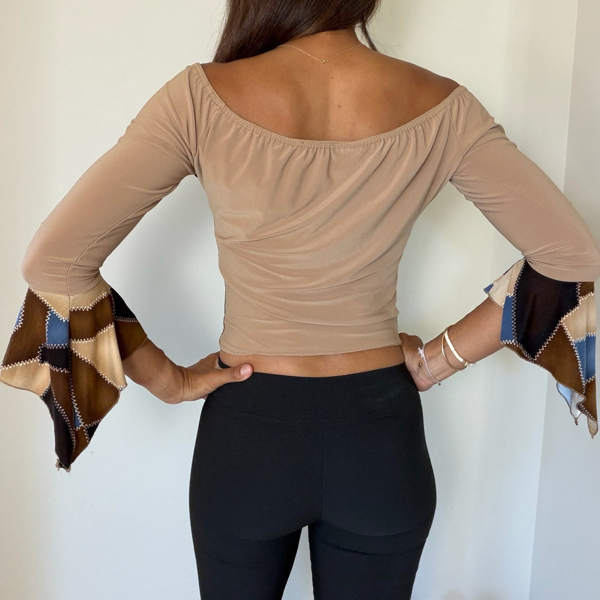 French vintage brown & blue patchwork print top with off shoulder neckline and flared sleeves