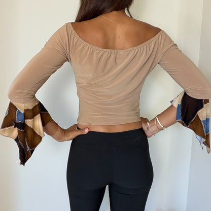 French vintage brown & blue patchwork print top with off shoulder neckline and flared sleeves