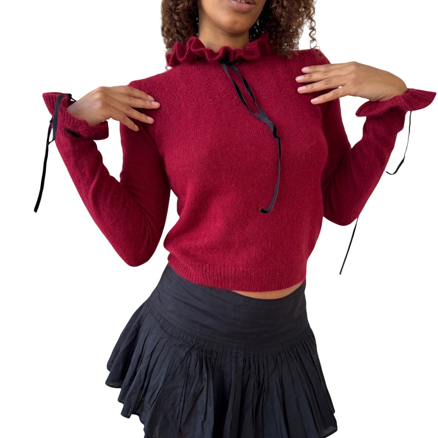Vintage Euro Burgundy Angora Ruffle Neck Knit Long Sleeve Top (Small)