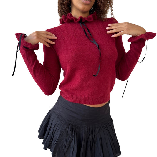 Vintage Euro Burgundy Angora Ruffle Neck Knit Long Sleeve Top (Small)