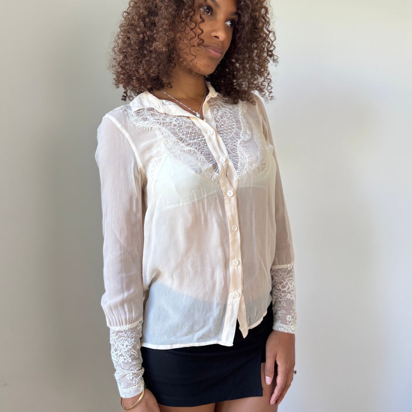 Vintage euro Ivory Sheer Lace-Panel Button Blouse with Lace Cuffs (S)