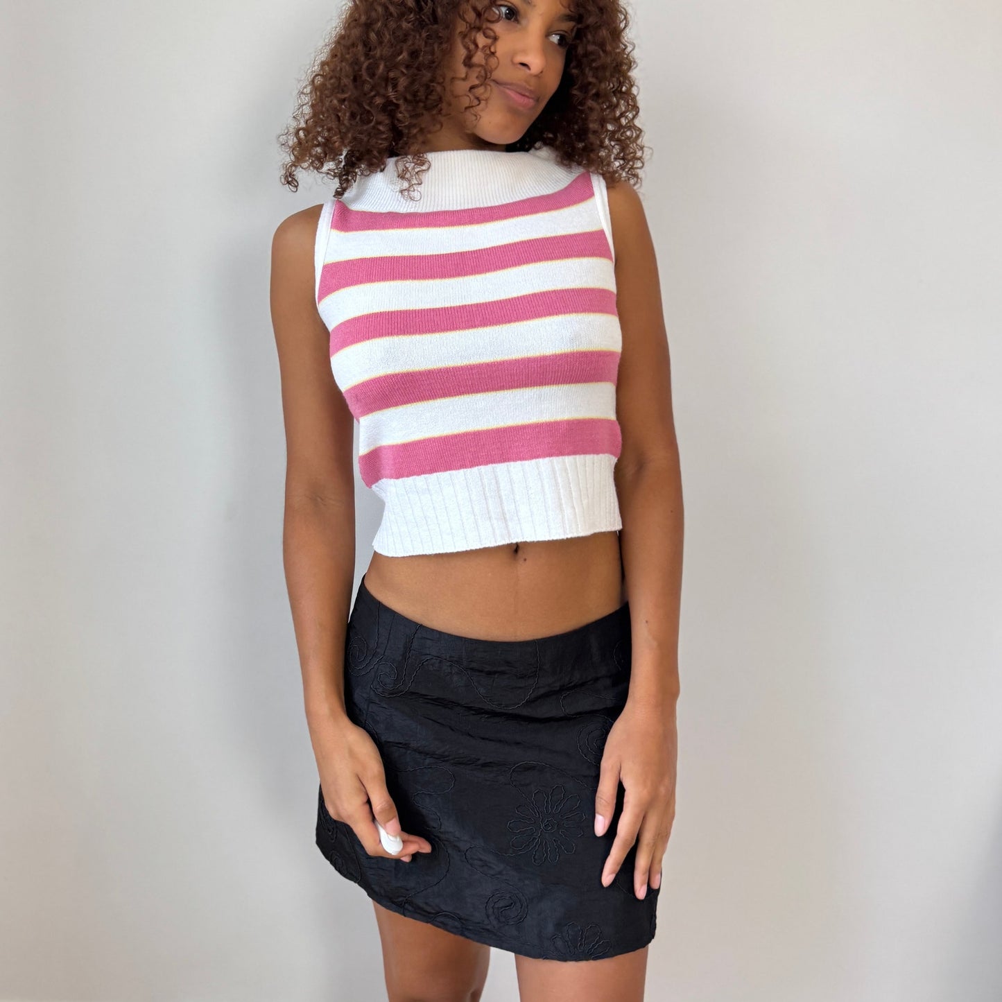 Vintage Italian pink + white striped mock-neck knit tank (Small)