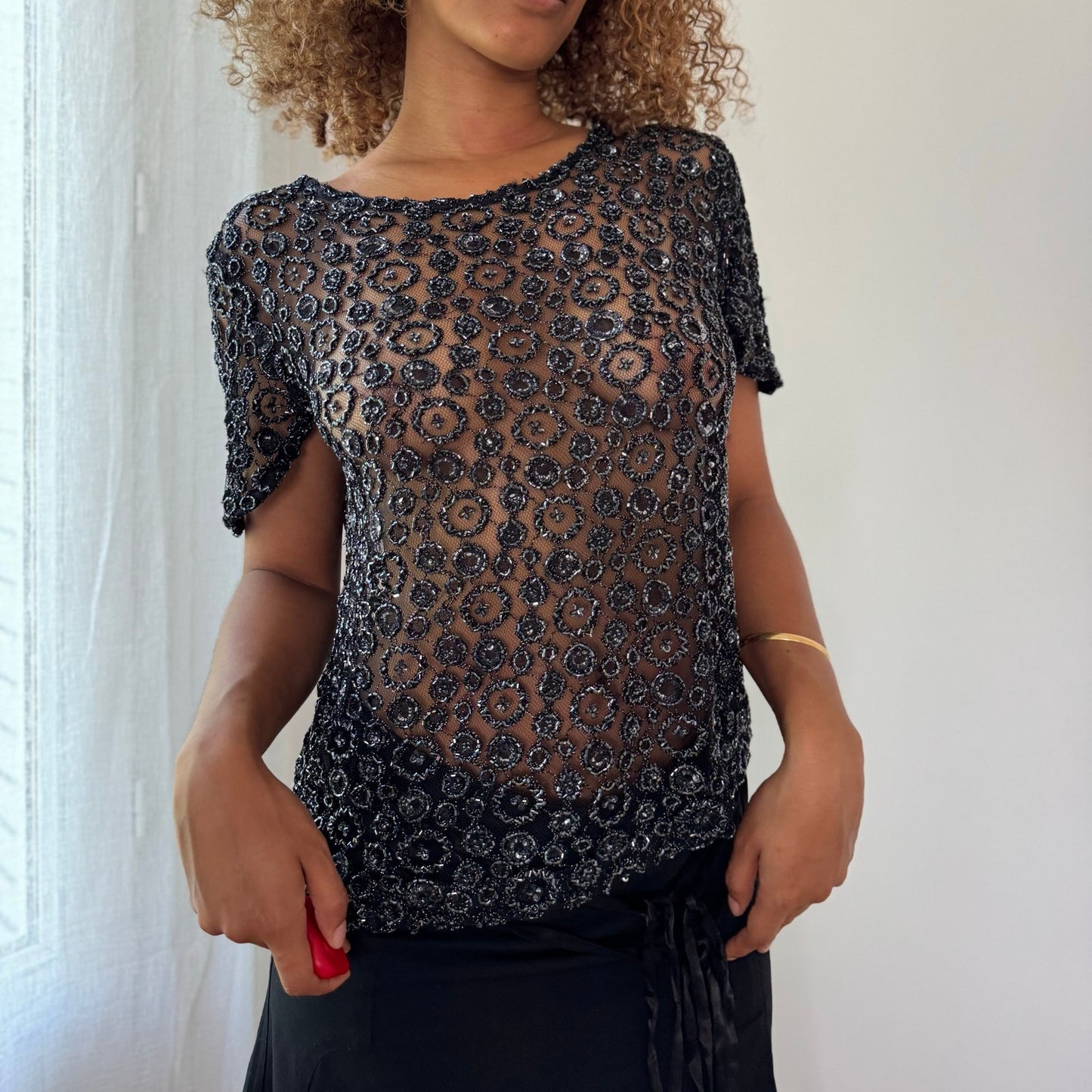 Vintage Black Beaded Mesh Top Sheer Floral Sequin Y2K (S/M)