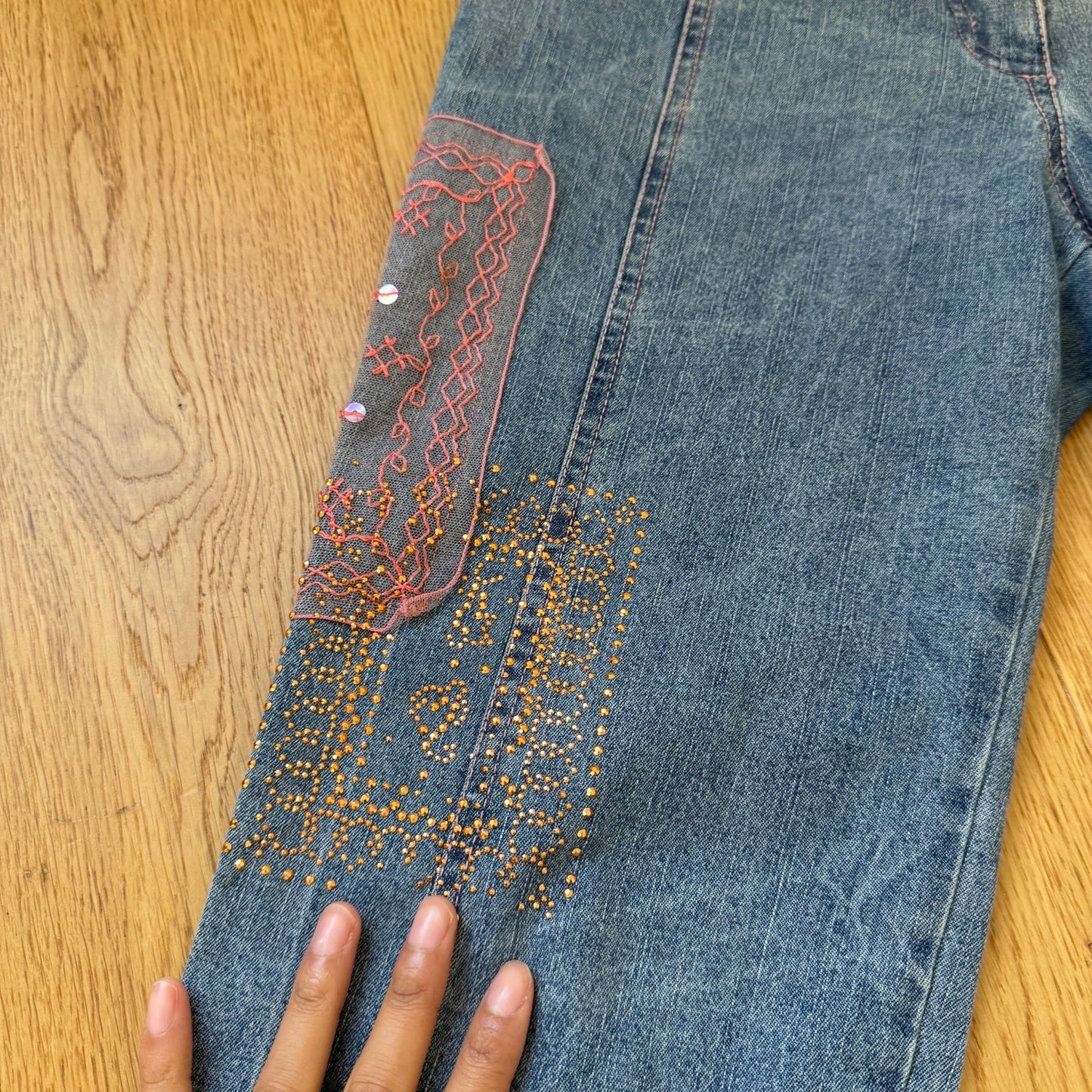 Vintage Italian Designer Embroidered Denim Cropped Pants Beaded Detail (S)